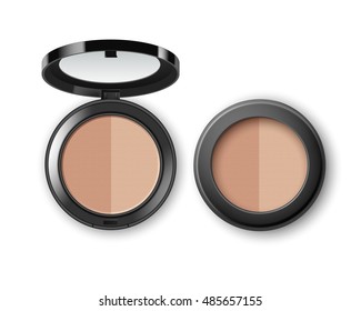 Vector Face Cosmetic Makeup Powder in Black Round Plastic Case with Mirror Top View Isolated on White Background