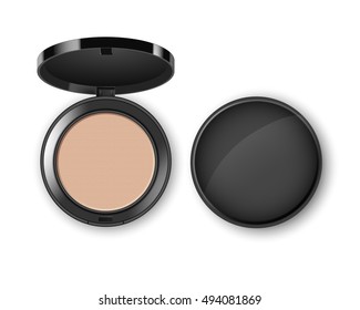 Vector Face Cosmetic Makeup Powder in Black Round Plastic Case Top View Isolated on White Background