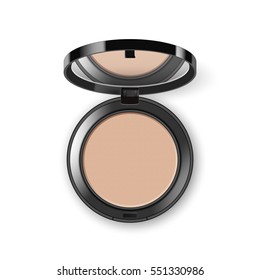 Vector Face Cosmetic Makeup Powder in Black Round Plastic Case with Mirror Top View Isolated on White Background