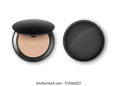 Vector Face Cosmetic Makeup Powder in Black Round Plastic Case Top View Isolated on White Background