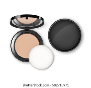 Vector Face Cosmetic Makeup Powder in Black Round Plastic Case with Mirror and Applicator Top View Isolated on White Background