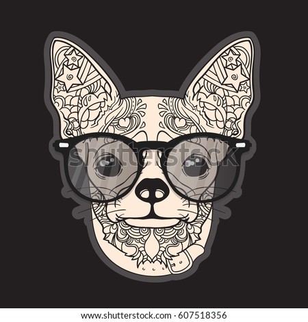 Vector face of dog. Chihuahua. Ornament and line art style. Isolated on dark background.