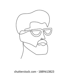 Vector face of fashionable man with glasses. Isolated continuous line. Contour drawing on a white background.