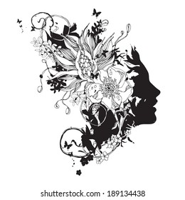 Face vetorial com flores em preto e branco
