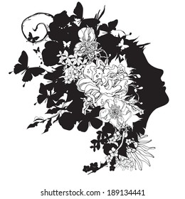 Vector face with flowers and butterfly