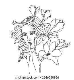 Vector face with flowers line drawing. Portrait minimalistic style. Botanical print. Nature symbol of cosmetics. Modern continuous line art. Fashion print.