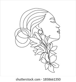 Vector face with flowers line drawing. Portrait minimalistic style. Botanical print. Nature symbol of cosmetics. Modern continuous line art. Fashion print. Beaty salon logo. - Shutterstock ID 1858661350