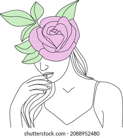 Vector face with flowers line drawing. Portrait minimalistic style. Botanical print. Nature symbol of cosmetics. Modern continuous line art. Fashion print. Beaty salon logo.
