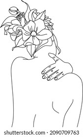 Vector face with flowers line drawing. Portrait minimalistic style. Botanical print. Nature symbol of cosmetics. Modern continuous line art. Fashion print. Beaty salon logo.