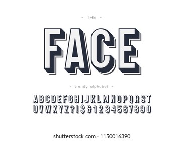 Vector face font bold style for logo, decoration, party poster, t shirt, book, greeting card, sale banner, printing on fabric. Cool alphabet 3d modern typography. Trendy typeface. 10 eps