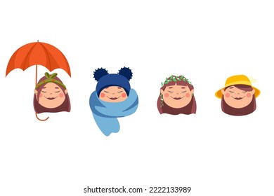 vector face of a girl in different seasons. Autumn face with orange umbrella. Winter - in a warm hat and scarf. Spring - with a wreath on the head. Summer - with a yellow hat on his head.