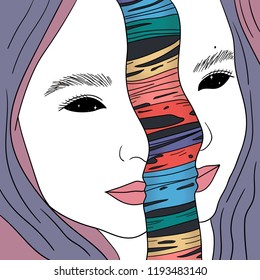 Vector face girl portrait inside rainbow slime. Universe and stars in the eyes. Rainbow inner world. Full illustration for textile, stickers, packaging, pictures, stationery