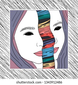 Vector face girl portrait inside rainbow slime card in frame. Universe and stars in the eyes. Rainbow inner world. Full illustration for textile, stickers, packaging, pictures, stationery