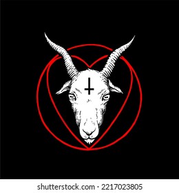 Vector face of a goat. The satanic symbol of the Baphomet. Devil Halloween illustration. inverted cross