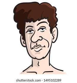 Vector face of a handsome shirtless man with brown curly hair. illustration, avatar, comic.