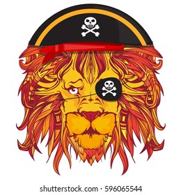 Vector face of lion pirate. Isolated on white background.