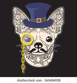 Vector face of little dog with hat and monocle. Illustration isolated on black background.