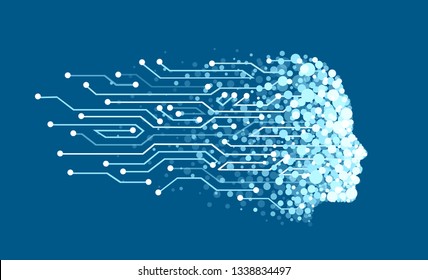 Vector of a face made of digital particles as symbol of artificial intelligence and machine learning. Abstract human head outline with circuit board. Technology and engineering concept 