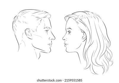 Vector face of man and woman. Heads face in profile. Portrait of young beautiful girl, boy. Line sketch illustration.