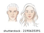 Vector face of man and woman. Young beautiful girl and boy heads. Male and Female Front portraits. Black line realistic sketch vintage illustration.