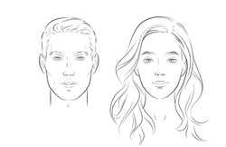 Vector Face Of Man And Woman. Young Beautiful Girl And Boy Heads. Front Portraits. Black Line Realistic Sketch Vintage Illustration.