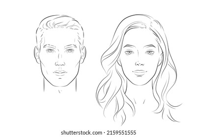 Vector face man   woman  Young beautiful girl   boy heads  Front portraits  Black line realistic sketch vintage illustration 