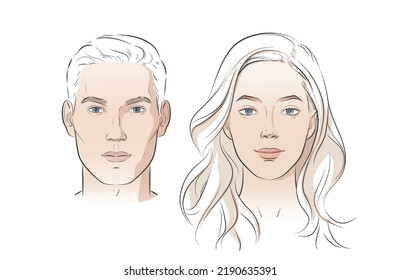 Vector face man   woman  Young beautiful girl   boy heads  Male   Female Front portraits  Black line realistic sketch vintage illustration 