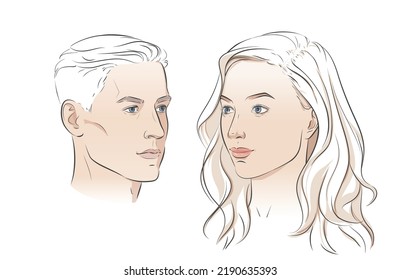 Vector face man   woman  Young beautiful girl   boy heads  Male   Female Three  quarter view portraits  Black line realistic sketch vintage illustration 