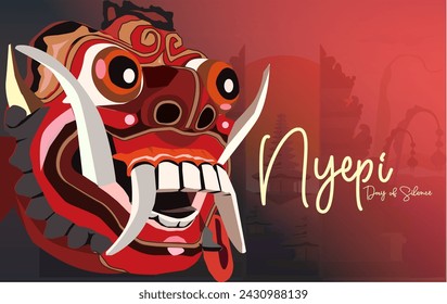 vector máscara facial barong muñeca mitológica estatua temible criatura de león balinés celebrando Día de Nyepi fondo hermosa vista isla de bali