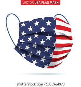 Vector face mask with USA flag print. Virus protection medical face mask, with printed flag of the United States of America, isolated on a white background. Patriotic face mask realistic illustration.