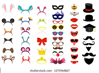 Vector face masks and clown nose and glasses, vintage party hats and birthday costume bunny ears, deer horns isolated on white background. Funny face masks. Photo Booth party elements.