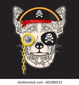 Vector face of pirate dog with pirate hat and monocle on face. Isolated on black background.