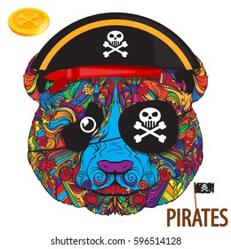 Vector face of pirate panda with hat and coin. Pirate style. Skull. Flag. Isolated on white background.