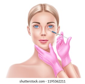 Vector face plastic surgery, facial injections concept with doctor hands in sterile pink glove with syringe making injection to beautiful woman face. Hyaluronic acid, blepharoplasty ads design