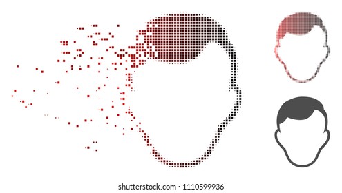 Vector face template icon in sparkle, pixelated halftone with red to black horizontal gradient and undamaged solid variants. Disappearing effect involves square dots.