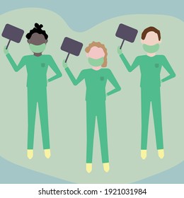 Vector Of Faceless Nurses Or Doctors In Uniforms Holding A Cartel. Space For Text. We Can Do It Ad. International Nurse Day. Variety Of People