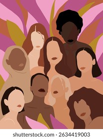 Vektorgesichtslose Frauen auf druckbarem Poster. Internation Mädchen ohne Gesichter flachen Stil. Karte, Postkarte, Flyer, Banner zum Ausdrucken.

