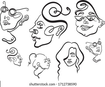 vector faces with different angles and different hairstyles