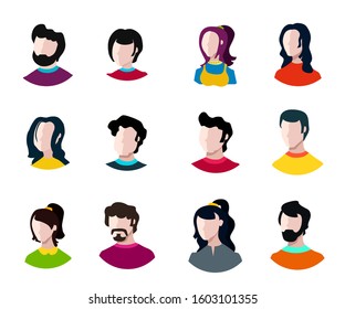 Vector faces of different characters. Set for illustrating characters. Vector objects isolated on a white background.