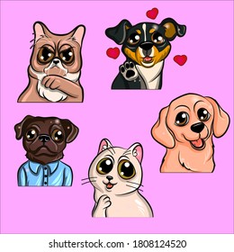 Vector faces of dogs and cats, different emotions, cute style