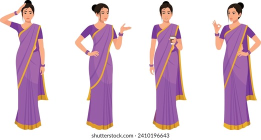 Vector faces of Indian girl wearing Saree with different Emotions, Expression Character poses