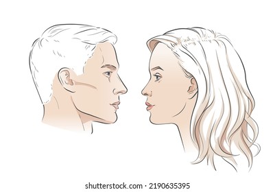 Vector faces of man and woman. Male and Female heads face in profile. Portrait of young beautiful girl, boy. Line sketch illustration.