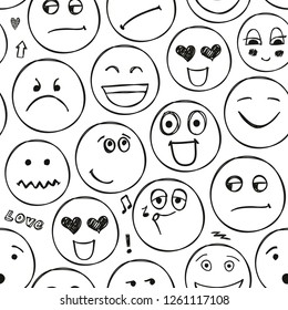 Vector faces seamless pattern. Emotions, doodle, freehand drawing background. Black and white 