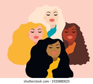 vector with faces of women of different skin colors. flat image of women's day greeting card. equality of women