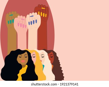 vector with faces of women of different skin colors. flat image of women's day greeting card. equality of women