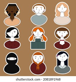 vector faces of women, girls. inter-ethnic faces, avatars, portraits, icons