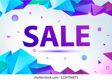 Vector facet, low poly geometric 3d sale banner, poster. Triangle crystal shapes promotion concept, colorful