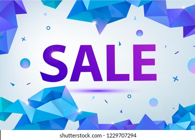 Vector facet, low poly geometric 3d sale banner, poster. Triangle crystal shapes promotion concept, colorful