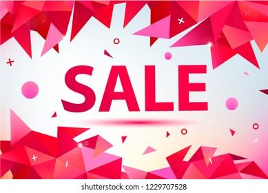 Vector facet, low poly geometric 3d sale banner, poster. Triangle crystal shapes promotion concept, colorful