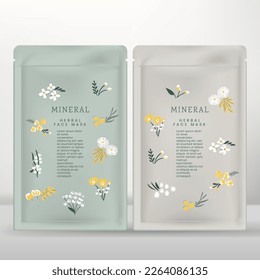 Vector Facial Mask Foil Bag or Packet with Hand Drawn Floral or Herbal Print Pattern.